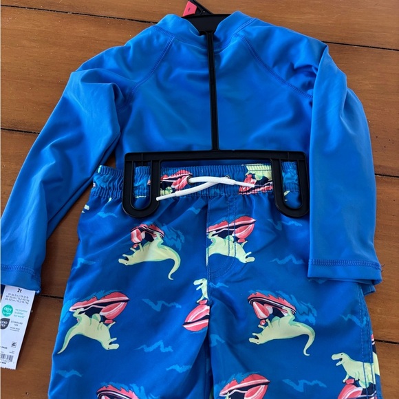NWT boys Carter's Blue Dinosaur Swim Trunks Set 2T long sleeve shirt and shorts - Picture 7 of 7